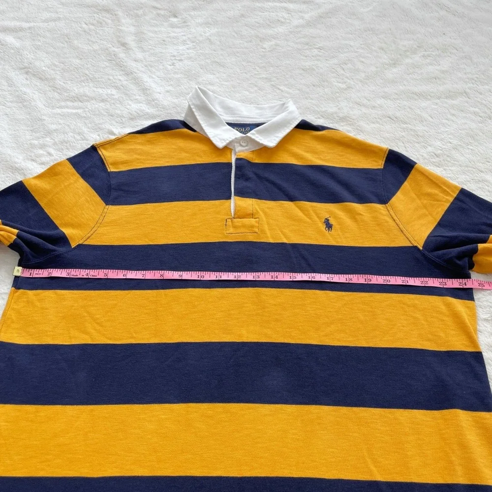 Polo Ralph Lauren Mens Rugby Shirt Navy Yellow Striped Custom Slim Fit Logo XL